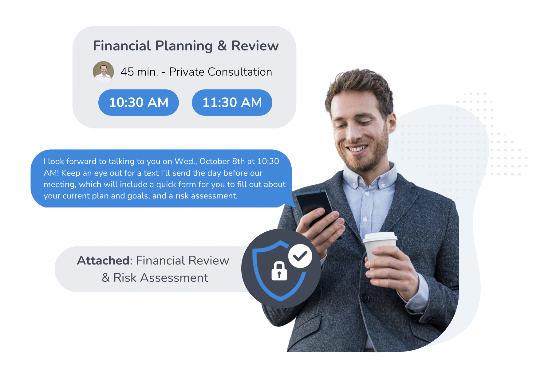 Financial advisor scheduling private investment consultation through encrypted scheduling and form collection tool