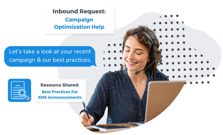 Support agent with headset smiling, laptop open, promotional text about inbound requests and campaign optimization help visible on screen.