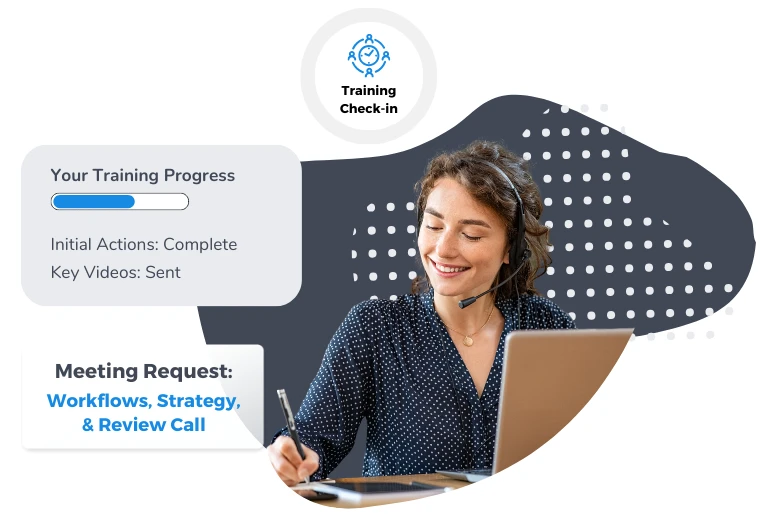 Woman with a headset smiling at a laptop during a training check-in, with a progress bar and a 'Meeting Request' card visible.