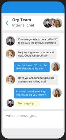 Mobile chat app screen labeled 'Org Team' with avatars and chat bubbles (blue for sent, gray for received), typing indicator 'Mac is typing...', and a text input at the bottom.