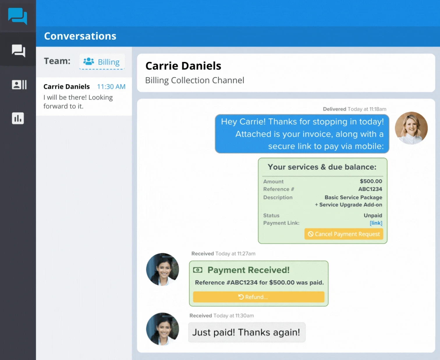 Send invoices and payment requests to securely collect payments via text