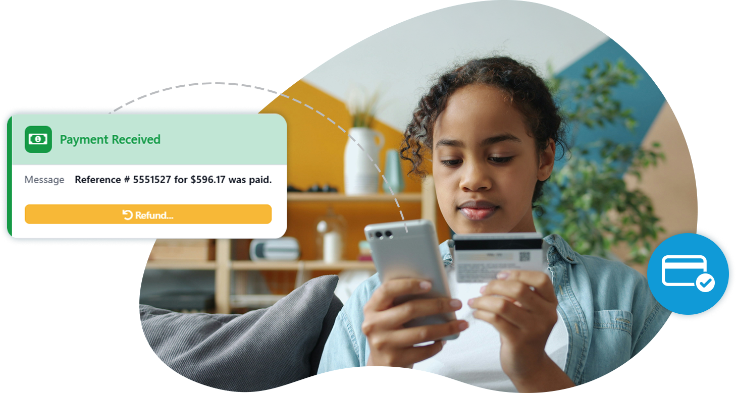 Send a secure payment link inside the text thread your customer is already reading. Collect by bank (ACH), card, Apple Pay or Google Pay — and pass the card fee along instead of absorbing it.