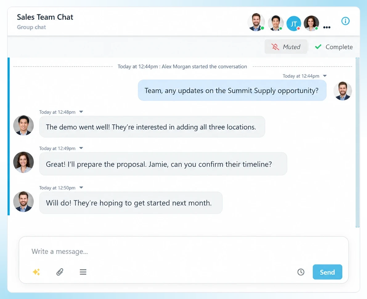 Tag a colleague privately inside any customer text thread. Pull in the expert who can actually answer. Keep the context where the conversation is — not scattered across email and chat apps.