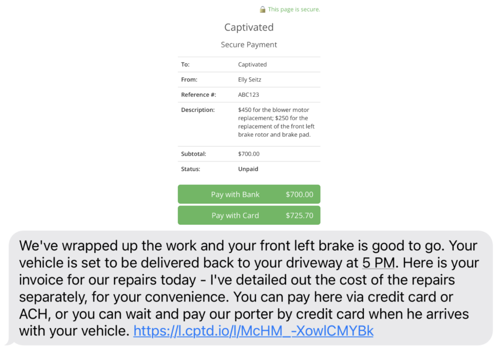 Captivated text example of service cashier or advisor sending invoice and payment request for customer to pay bill via ACH or credit card via text