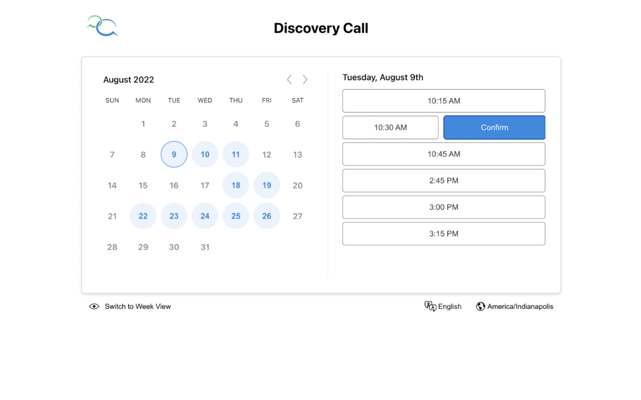Captivated's calendar showing appointment availability for booking and scheduling