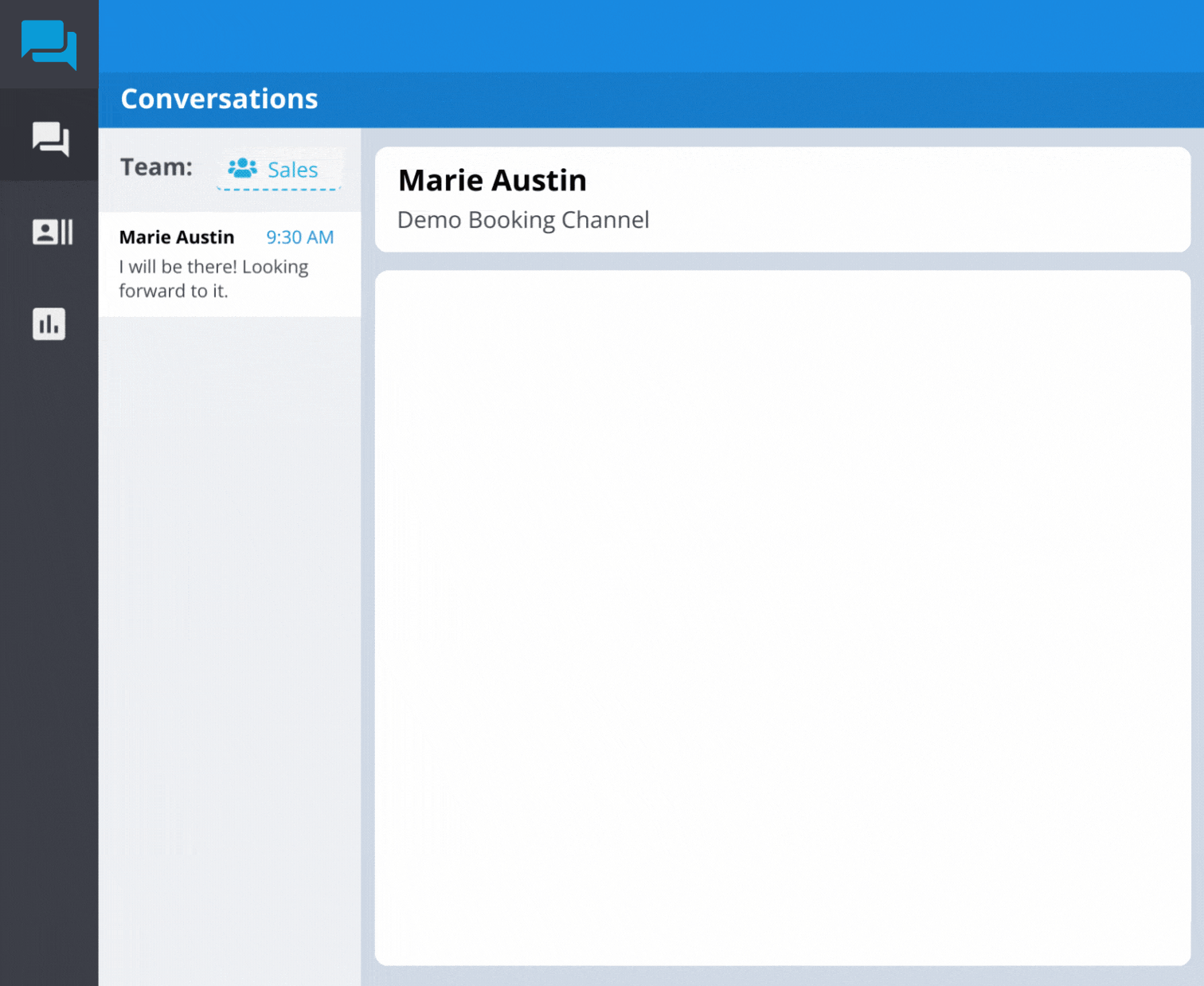 UI showing a Conversations dashboard with a left navigation rail and a chat panel for Marie Austin in the Sales team, displaying a message preview and timestamp.