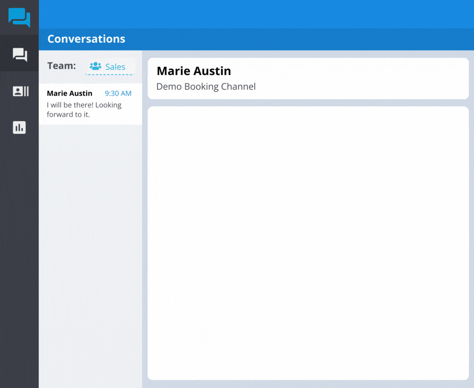 Chat interface showing Marie Austin in the Demo Booking Channel with a message preview: 'I will be there! Looking forward to it.' on the right panel; left navigation with icons.