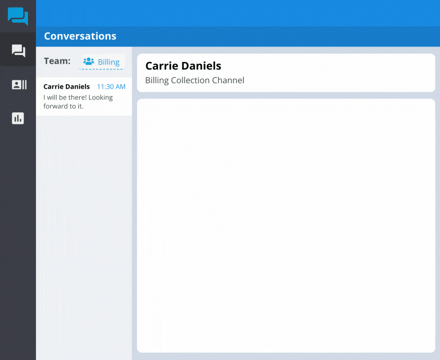 Messaging app UI: Carrie Daniels message in Billing channel with left navigation and a large chat pane on the right.