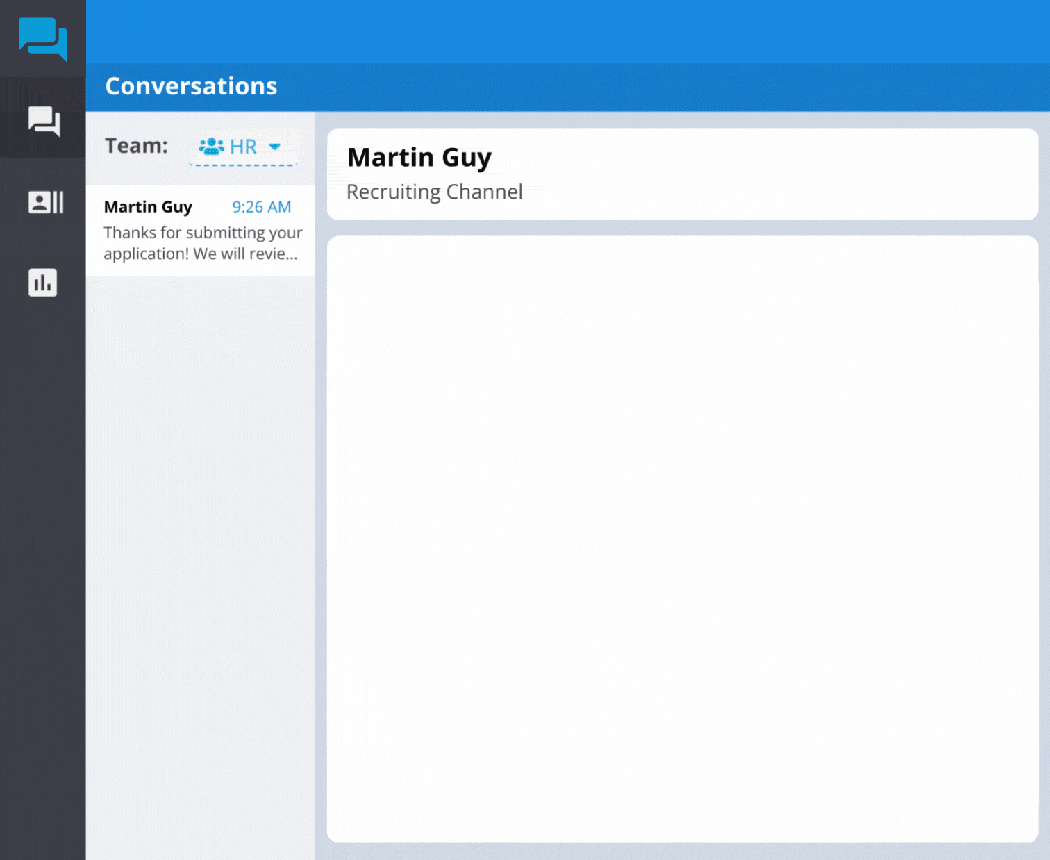 Conversations dashboard with a message from Martin Guy about an submitted application in the Recruiting Channel area at right side.