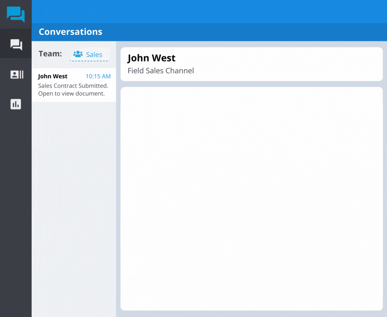 Conversations dashboard: left vertical navigation, blue header, chat list on left showing John West for Sales, large chat panel on the right.