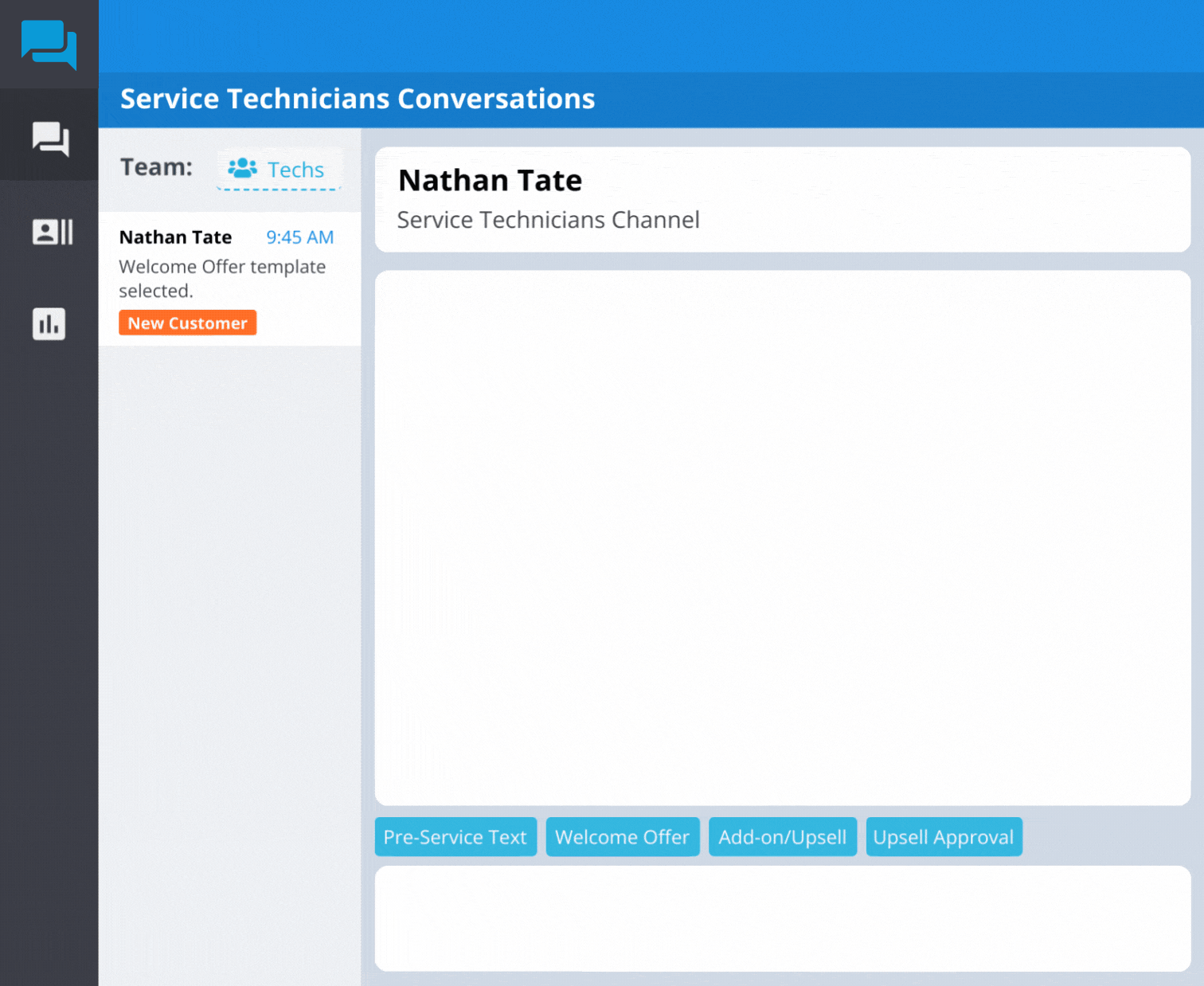 Left dark sidebar with navigation icons and a blue header reading 'Service Technicians Conversations' showing a team panel and a 'New Customer' badge on the Nathan Tate card. Right panel displays 'Nathan Tate' and 'Service Technicians Channel' in rounded panels with a large empty content area and blue tag buttons for Pre-Service Text, Welcome Offer, Add-on/Upsell, and Upsell Approval.