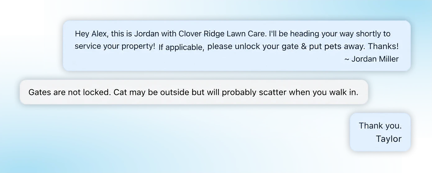 Three rounded speech bubbles on a blue gradient background carry messages from lawn care providers: one from Jordan Miller about access, one noting gates aren’t locked and pets may roam, and a small 'Thank you. Taylor' bubble.